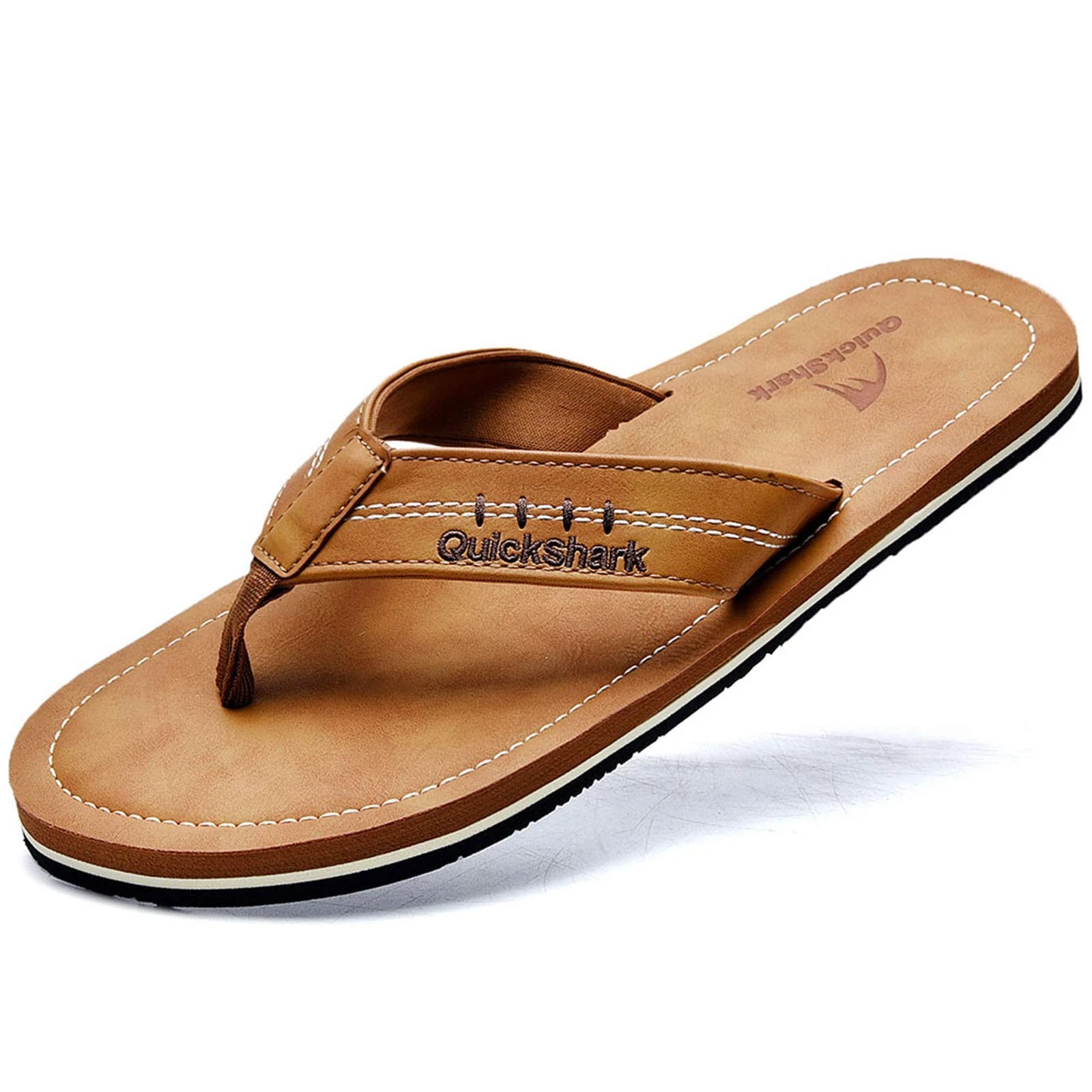 Quickshark Mens Flip Flops Leather Sandals Lightweight Beach 11, Akhaki