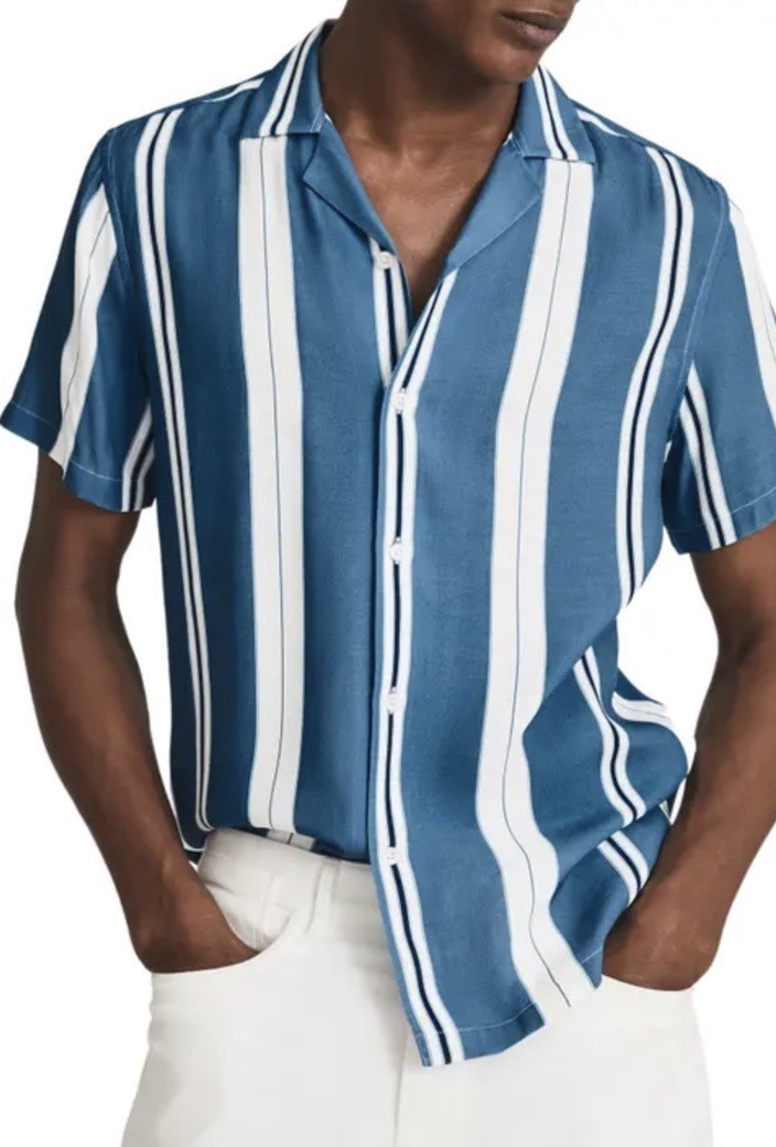 NWT Reiss Monroe Striped Cuban Collar Shirt - White / Blue - Large