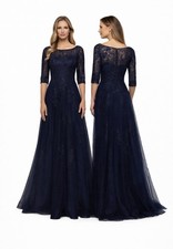 NEW La Femme Formal Lace Tulle A-line Gown Three Quarter Sleeves Navy Sz 12 619