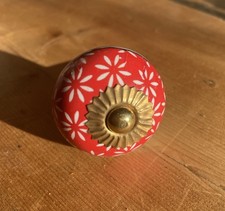 Image of Ceramic Door Knobs. Cupboard Pull Handle Colourful (Set of 2). Red white pattern