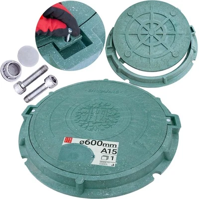 Couvercle regard rond 600 mm A15 vert cadre polym_re sable 1,5t jardin - Photo 1/4