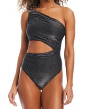Bar III Women's Shimmer Core One-Piece Swimsuit, Black Shimmer, Small