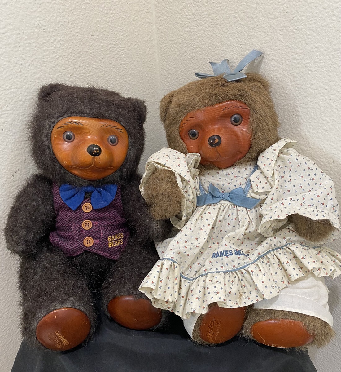 Raikes Bears Pair Vintage Plush Boy Girl Set Wood Face