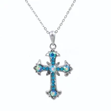 Silver Plated Aqua Blue Rhinestone Crystal Stone Cross Charm Necklace # 13184-1