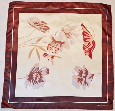 SCARF VINTAGE AUTHENTIC TED LAPIDUS FLORAL ART BROWN SATIN 29'' SQUARE