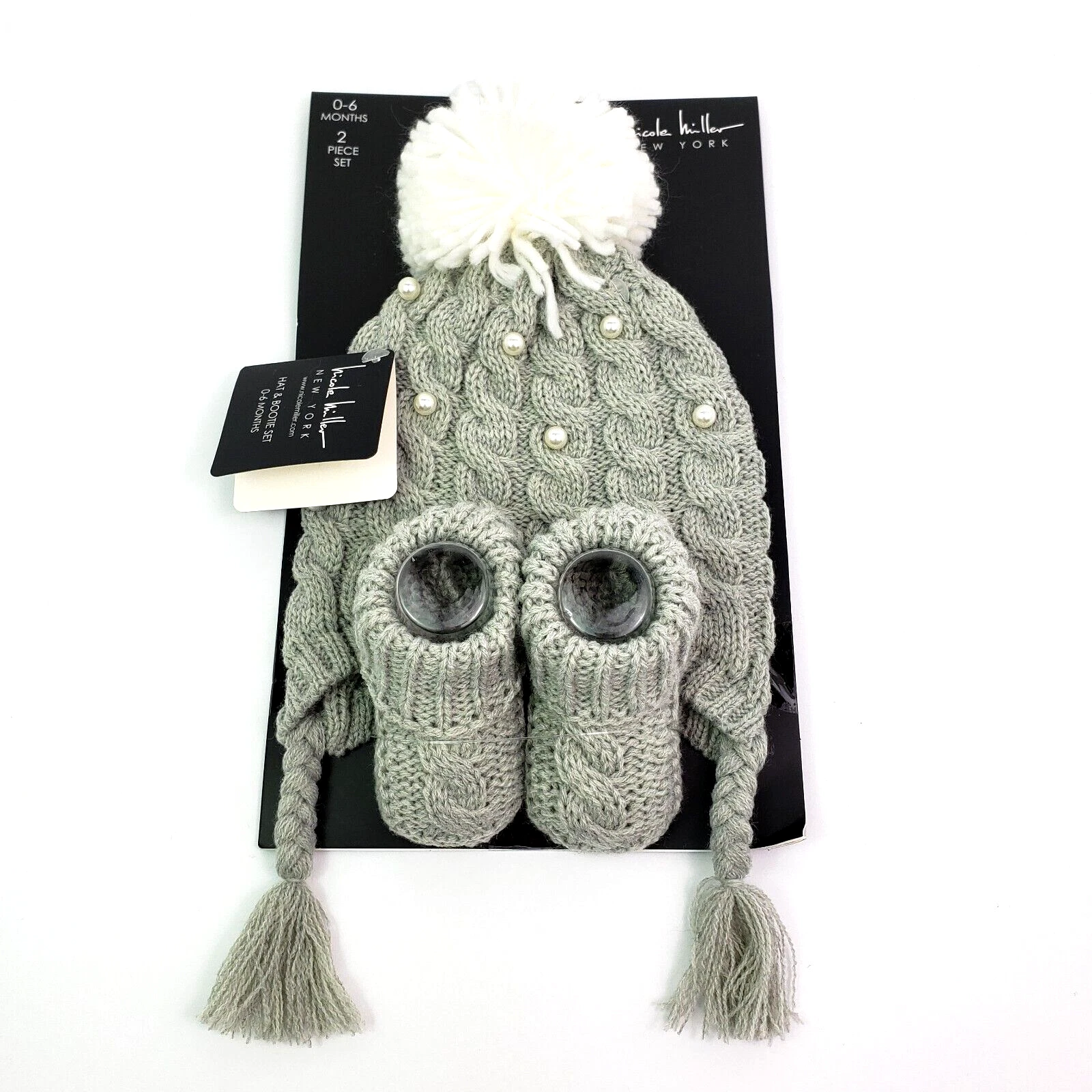 Nicole Miller New York Infant Baby Girl Size 0-6 M Gray Knit Hat & Bootie Set