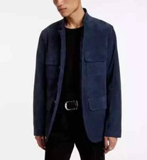 Navy Blue Leather Shirt Jacket For Men Pure Suede Size XS S M L XL XXL 3XL 4XL