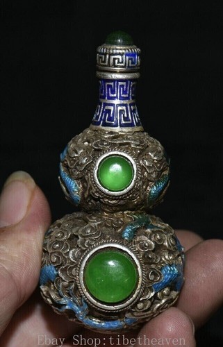 3.4" Old China Silver inlay Gems Cloisonne Feng Shui Gourd Dragon Snuff Bottle - Picture 3 of 8