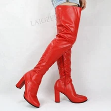 Women Thigh High Heels Boots Block Thick Heels Faux Leather Boots Over Knee Shoe