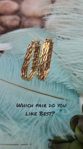 Solid 14k Tri-color Gold Textured Hoop Earrings Wide Oval Shiny Solid - Video 1 of 1
