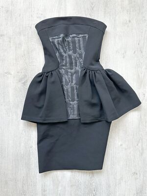 DAVID KOMA Black Peplum Print Front Strapless Dress NEW UK 10