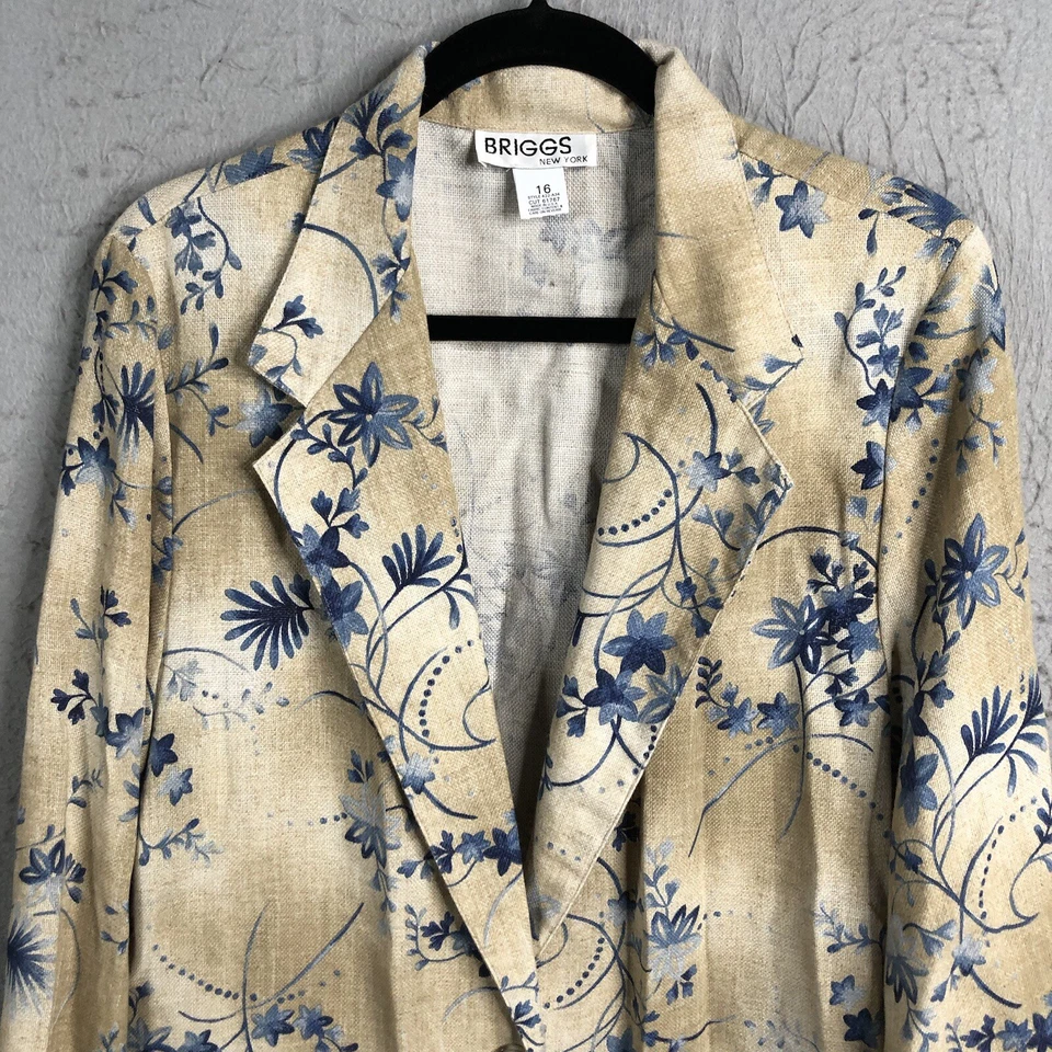 Blazer Briggs Vintage Mujer 16 Azul Tostado Floral Mezcla Lino Granny Core Artístico Foto 2 de 4