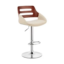 Karter Modern Adjustable Height Swivel Cream Faux Leather and Walnut Wood Bar...