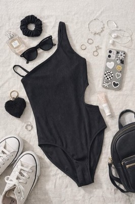 Abercrombie Kids Black Asymmetrical Cut Out One Piece Two Ways Girls Size 13/14