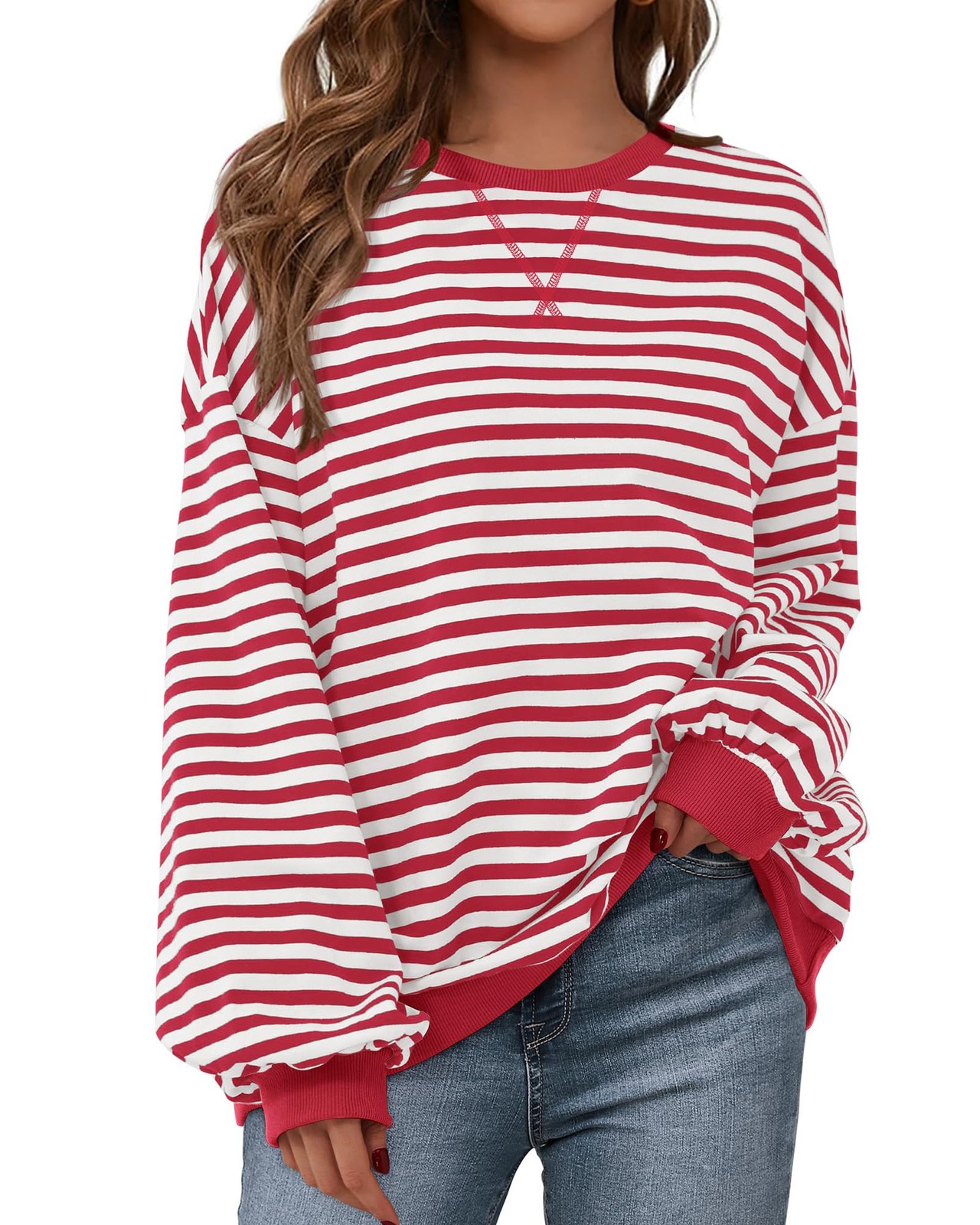 Sweatshirt For Women 2026 Summer Crewneck Long Sleeve Oversized Striped Pullo...-image