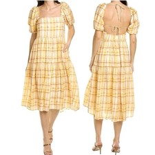 ASTR THE LABEL Orange Yellow Plaid Square Neck Puff Sleeve Tiered Midi Dress
