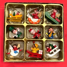 Vintage New in Pkg Germany Wooden Ornaments Angels Santa Soldier Orig Box/Sticke