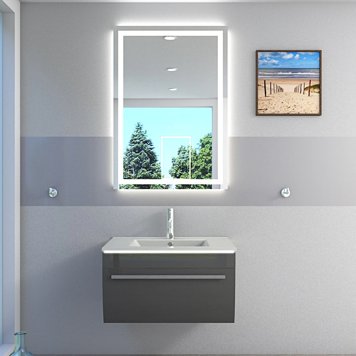 Badmöbel Set Gently 3 V1 Weiß/Grau MDF Waschtisch 70cm mit Leuchtspiegel LSP03 1