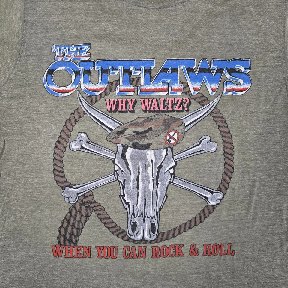 Vintage 1983 The Outlaws Tour Shirt Size L Why Waltz Rock & Roll Guitars Green - Image 2 of 4