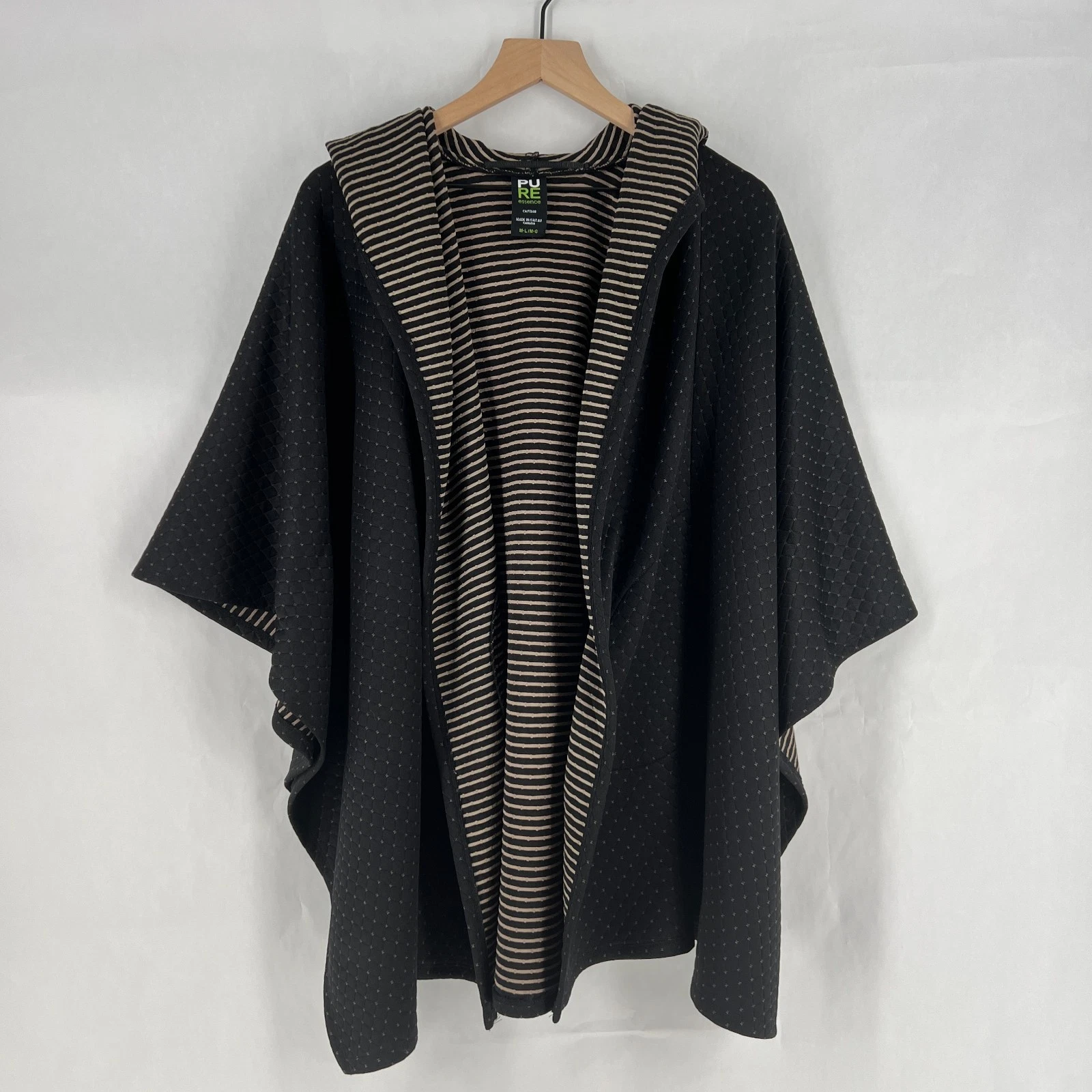 Pure Essence Poncho Quilted Jacket Womens M/L Black Striped Hooded Open Front