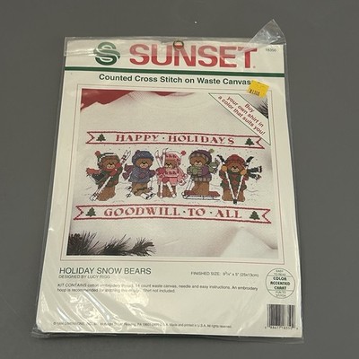 Sunset 18350 Counted Cross Stitch Kit Waste Canvas Holiday Snow Bears 1994 New