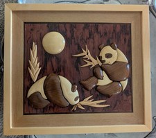 Intarsia Wood Art Panda Bears Plaque Jungle Scene