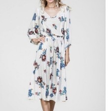 En Crème Floral Boho Midi Dress With Tie Back & Bell Accents 