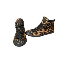 Womens Prada Miu Miu Leopard Print Pony Hair Studded High Top Sneakers Size 8