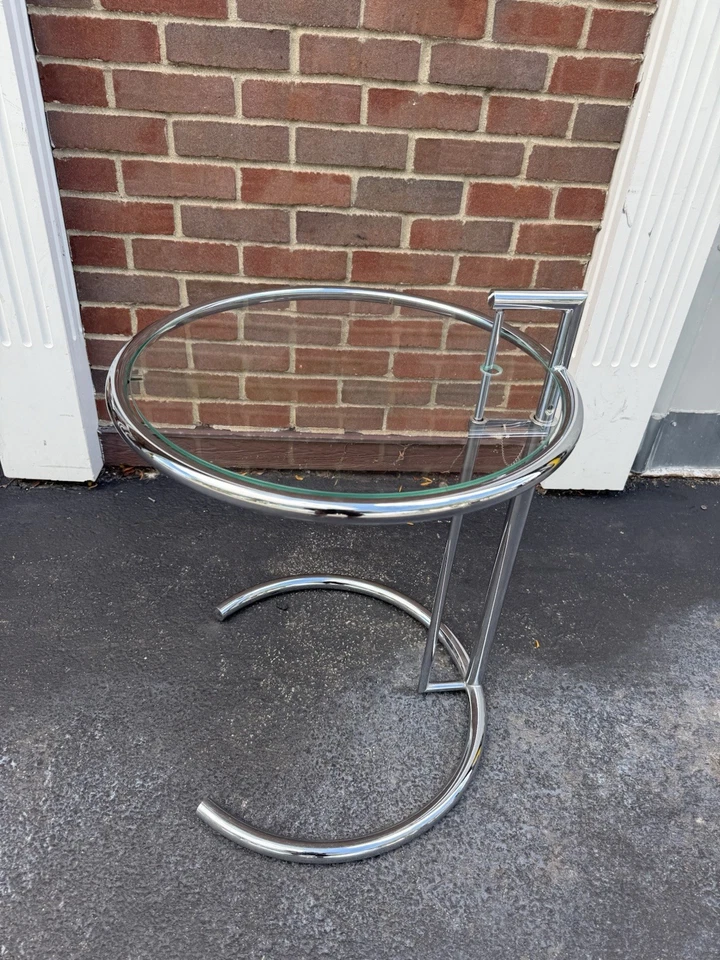 Mid Century Chrome & Glass Round Side Table by Eileen Gray 20” Adjustable Height - Image 4 of 4