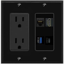 CAT6 HD USB-3 USBC Port Wall Plate Black w Power Outlet