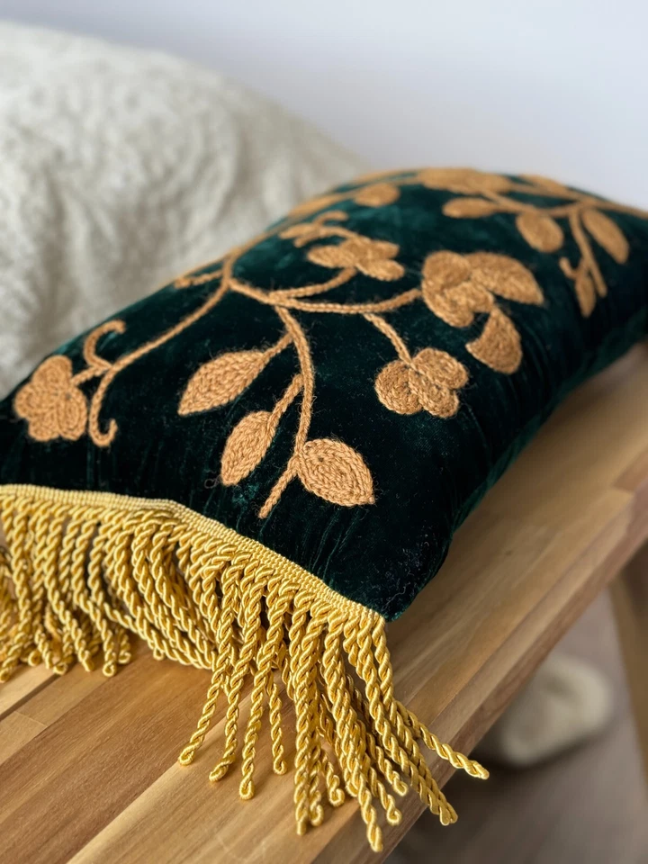 Luxury Dark Green Gold Rectangle Moroccan Handmade Embroider Filled Cushion - Image 4 of 4