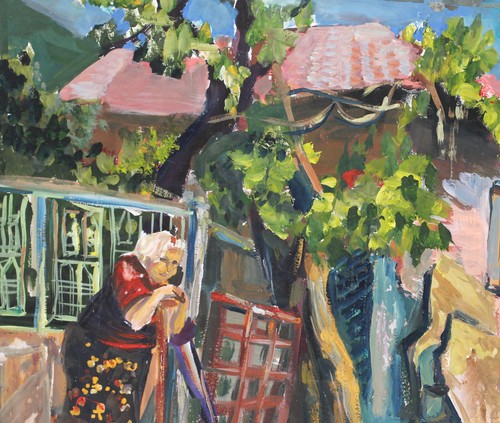Pintura gouache original vintage paisaje pueblo escena firmada - Imagen 5 de 12