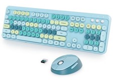 Blue Keyboard and Mouse Wireless Retro Typewriter Keyboard 2.4GHz 104 Keys Fu...