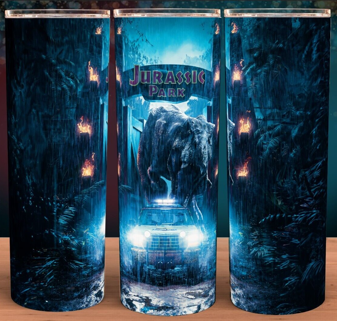 Jurassic Park T-Rex at the Gate Chasing Explorer  Cup Mug Tumbler 20oz