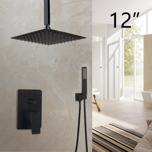 Black Ceiling Mount Shower Tap Set Rainfall Head 2-Way Mixer Valve+ Hand Faucet - Picture 28 of 79