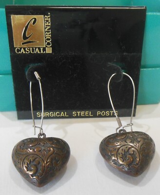 NOS Casual Corner Bronze-tone Hollow Hearts Extra Long Pierced Earrings
