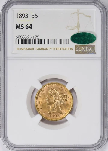 1893 LIBERTY HEAD HALF EAGLE $5 GOLD NGC MS64 CAC