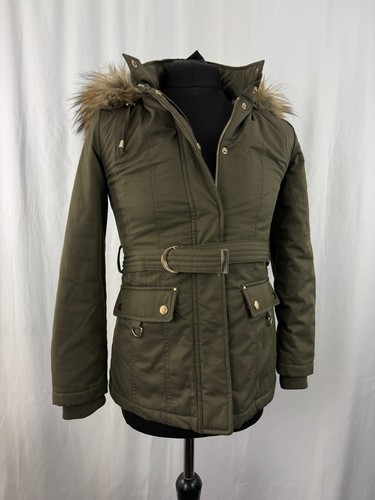 Womens Miss Selfridges Coat parka Petite Faux Fur Hooded Green Cotton Size 8 - Picture 10 of 22