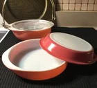 PYREX - 5 pc. FLAMINGO Pink Casserole, Lid & Gold handle carrier Set