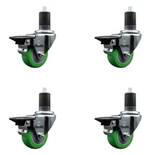 3 Inch Green Poly Swivel 1-5/8 Inch Expanding Stem Caster Set with Brake SCC