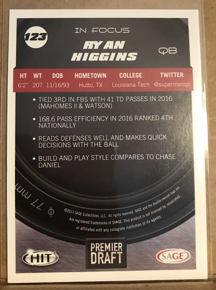Ryan Higgins 2017 Sage Hit Premier Draft In Focus Silver Parallel RC #123 - Image 2 of 2