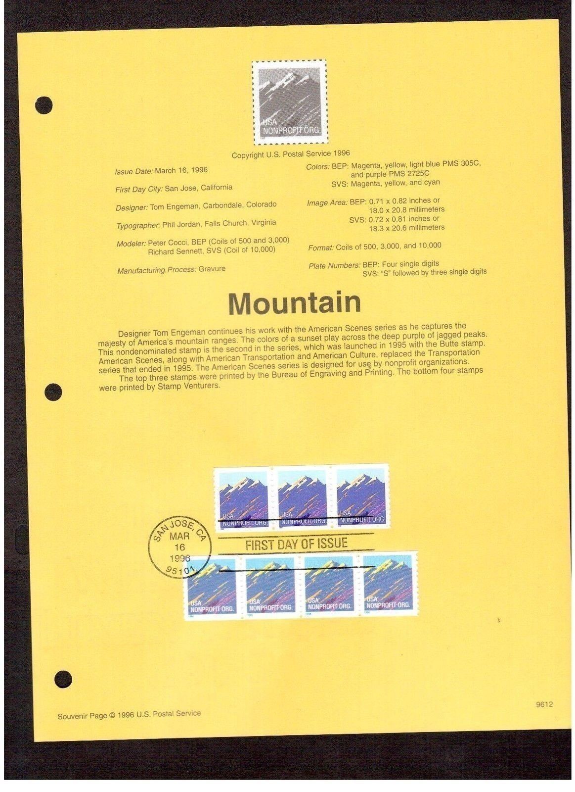 FDC. 29032904 5 cent Mountain Nonprofit 1996 USPS Souvenir Page