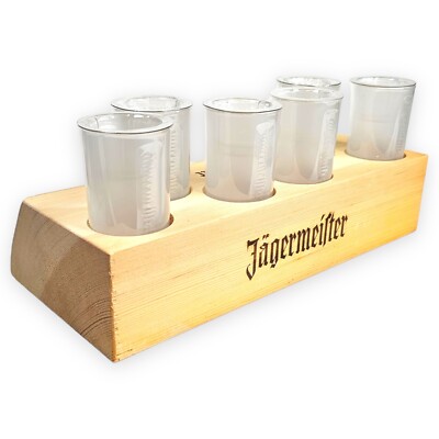 Jägermeister Likör Echtholz Tablett + 6 x Shotgläser 2cl The Block