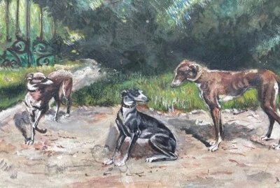 Tableau peinture ancienne Lévriers Chiens ;) XXe - Photo 1/4