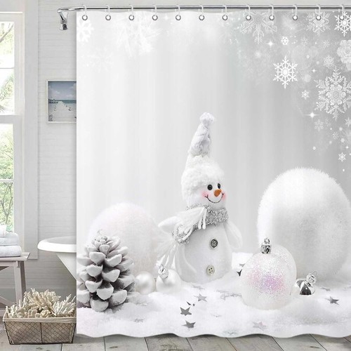 Winter Christmas Shower Curtain, Snowman Snowflake Grey Bathroom Curtains Set