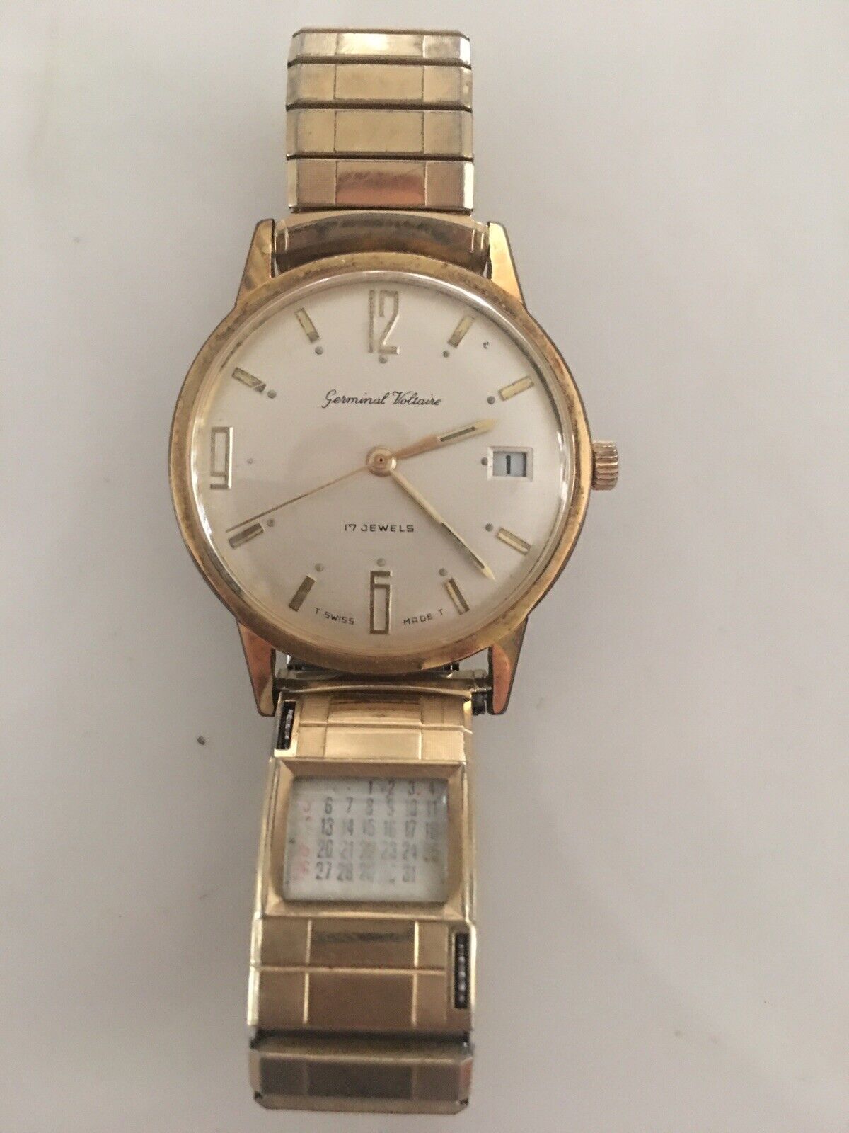 Vintage Germinal Voltaire Mens Wrist Watch Date 17 Jewel Swiss Made Runs Great!