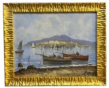Dipinto olio su compensato Marina con pescatori Cornice oro Quadro Misura 40x50