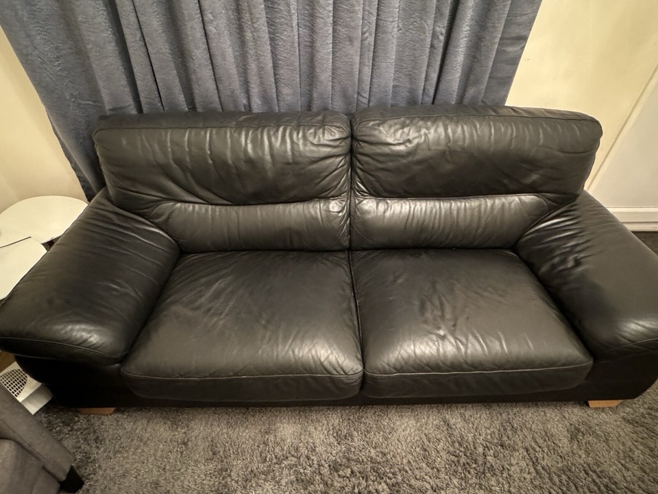 Used Clean genuine leather black 3 seater Sofa. pet and smoke free eBay