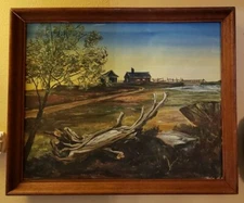 Vintage 1953 Landscape Farmhouse, Oil on Canvas! American Cabin Shed Bridge Pond