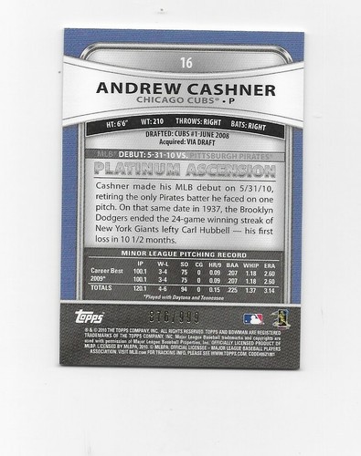 Bowman 2010 refractores platino #16 Andrew Cashner/999 cubos - Imagen 2 de 2